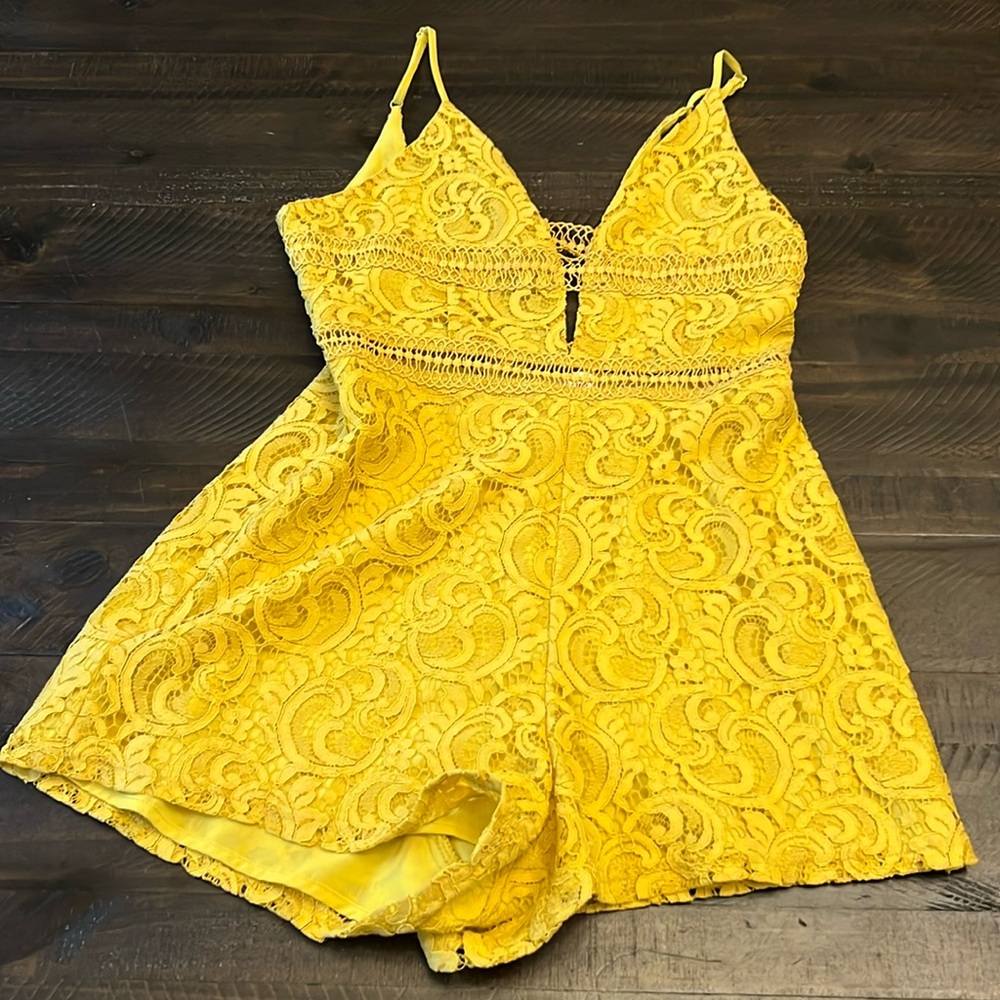 Sugarlips Bright Yellow Lace Romper with Crochet Waist